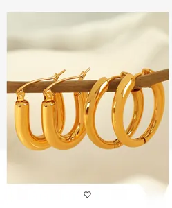 Polished gold hoop earrings and U-shaped buckles hanging on a natural wooden branch