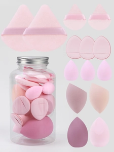 14-piece pink makeup sponge set featuring water-drop and beveled shapes in a clear storage jar