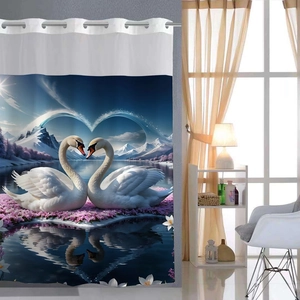 Detail of silver metal eyelets and romantic swan lake print on waterproof shower curtain