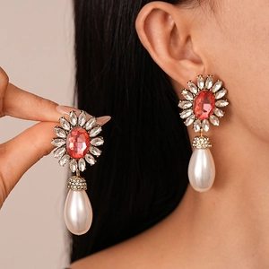 Baroque style drop earrings with red oval gemstone and pearl pendant for women