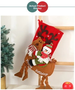Detail of Christmas stocking hanging on wood with 3D reindeer, snowman and Holiday text