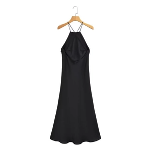 Detail view of a black satin backless halter midi dress hanging on a wooden hanger