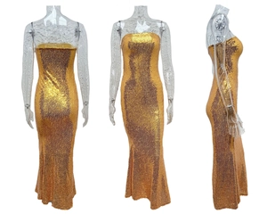 Three-way view of a gold sequin strapless mermaid dress with elegant open back design