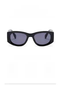 Detail of square black sunglasses with smoke lenses and UV400 protection features