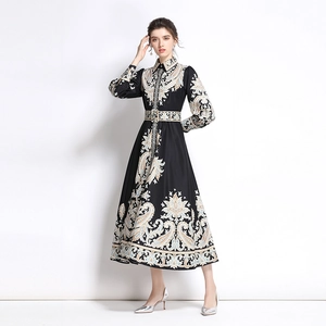 Ethnic totem print long sleeve maxi dress with waist belt and button closure