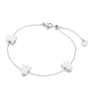Sleek silver stainless steel bracelet featuring three solid tulip charms on a thin chain
