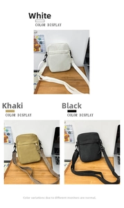 Detailed color display of minimalist canvas cross-body bags in white, khaki and black