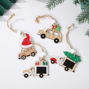 Detail of wooden Christmas car ornaments with pine needles on a white background