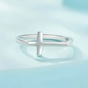 Minimalist S925 sterling silver horizontal cross ring with a high polished shiny finish