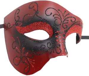 Dettaglio della maschera da ballo rossa con decori glitter neri e lacci in raso