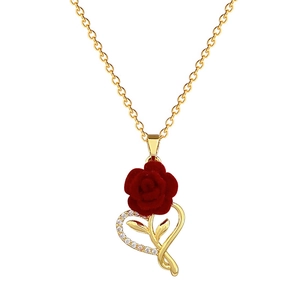 Elegant gold titanium steel necklace featuring a red rose and sparkling heart pendant