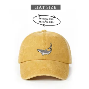 Size chart showing 56-58cm circumference for yellow shark embroidery baseball cap