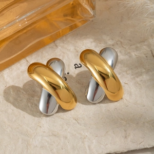 Elegant 18K gold and silver bicolor X-shaped cross earrings in polished titanium steel