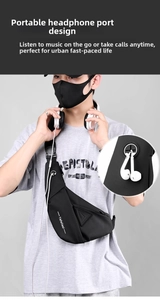 Detail view of the waterproof chest bag featuring a built-in headphone port for commuting