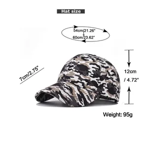 Detailed size chart for camo baseball cap showing adjustable brim and height measurements