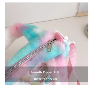 Detail of a smooth silver metal zipper on a rainbow gradient plush child bag