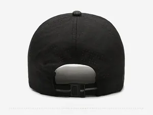 Rear view of a black perforated running cap featuring an adjustable buckle strap closure