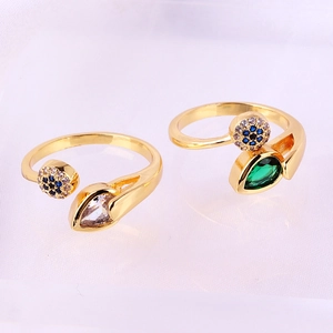 Adjustable gold flower bud ring with sparkling green and blue zircon gemstones