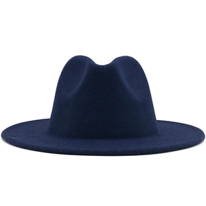 Front view of navy blue wide brim wool fedora hat with high quality fabric texture