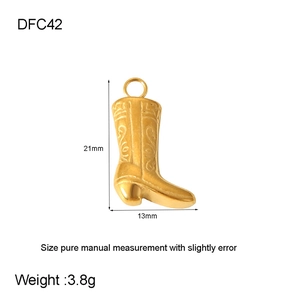 Detailed view of a gold cowboy boot pendant with 21mm height and 13mm width dimensions