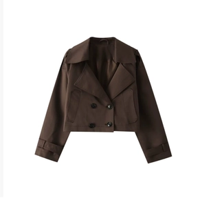 Close-up of chocolate brown short trench coat with double-breasted buttons and lapels