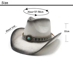 Detailed size guide showing 57-58cm circumference and 8cm brim of this cowboy straw hat
