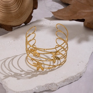 Gold-plated multilayer open cuff bracelet with dragonfly motifs and zircon accents