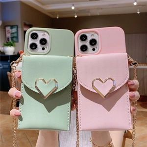 Crossbody phone case with heart buckle card holder and metal chain strap in green and pink