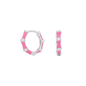 Detail view of S925 sterling silver bamboo hoop earrings with pink enamel coating