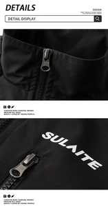 Detail of stand collar with smooth metal zipper and white printed logo on black sport jacket