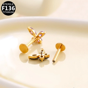 F136 titanium butterfly labret stud with purple and black stones and screw thread
