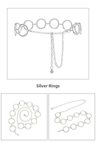 Detailed view of silver interlocking metal rings waist belt with ball charm and lobster clasp