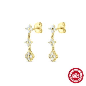 Elegant S925 sterling silver gold-plated clover tassel drop earrings with white crystals