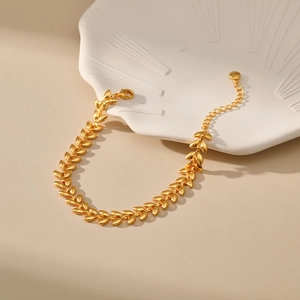 Elegant 18K gold plated wheat leaf link bracelet for women with adjustable lobster clasp