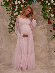 Pink maternity mesh long sleeve dress with ruffle square neck and tiered tulle skirt