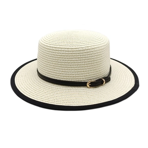 Elegant beige straw boater hat with black binding and leather belt buckle detail