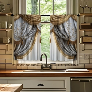 Detailed embroidery and tassel on 2pcs luxury gold and silver floral kitchen curtains