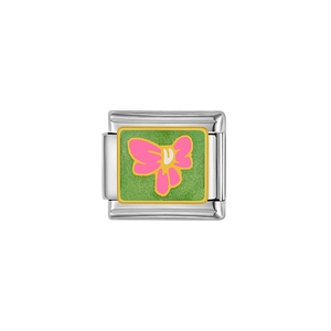 Italienischer Charm-Link mit rosa Schleife auf grünem Emaille für DIY-Edelstahlarmbänder