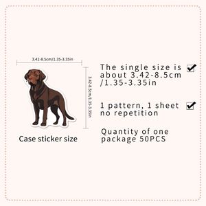 Detailed size guide for 50pcs Labrador dog stickers ranging from 3.42 to 8.5 cm
