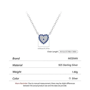 925 Sterling Silver heart necklace with blue and white zircons and adjustable 40+5cm chain