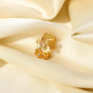 18K gold plated stainless steel floral ring with pink and blue enamel on beige silk