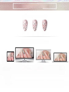 Detail showing nail art application steps and pearl powder finish on display screens