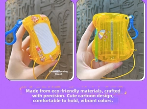 Detailed dual view of guitar-shaped mini magnetic drawing board with stylus and lanyard