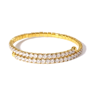 Gold-plated stainless steel flexible bangle featuring two rows of clear zircon crystals