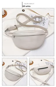 Detailed views of minimalist off-white vegan leather chest bag with adjustable strap