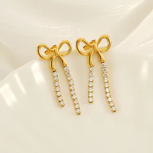 Stainless Steel 18K Gold Plated Bow Tassel Stud Earrings Elegant Trendy Long Dangle Zircon Jewelry For Women