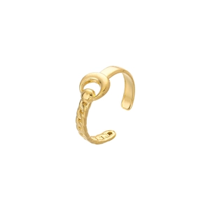 Detailed close-up of golden leaf ring featuring chain texture and geometric design