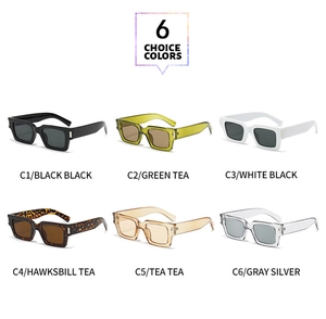 Detail view showing a variety of retro square sunglasses in six trendy color options
