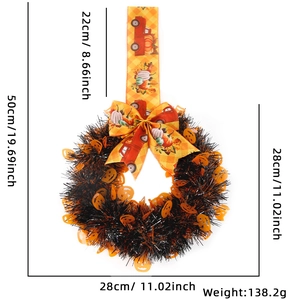 Halloween wreath featuring orange pumpkin cutouts and checkered bow with dimensions