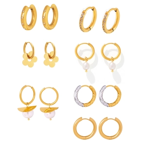 Collection of minimalist 18K gold plated stainless steel hoop and pearl drop earrings